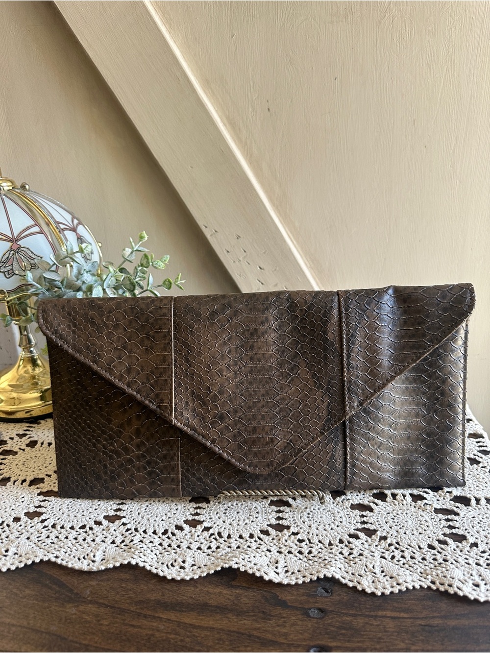 Urban Expressions Brown Faux Snakeskin Envelope Clutch Vegan Leather Foldover